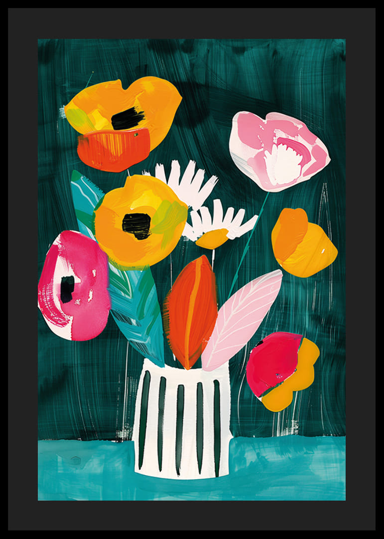  Ein Poster mit leuchtenden Blumen in einer gestreiften Vase vor grünem Hintergrund-12