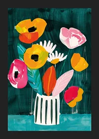  En poster med livliga blommor i en randig vas mot grön bakgrund-5