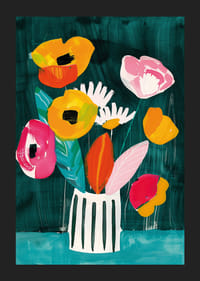  Ein Poster mit leuchtenden Blumen in einer gestreiften Vase vor grünem Hintergrund-5