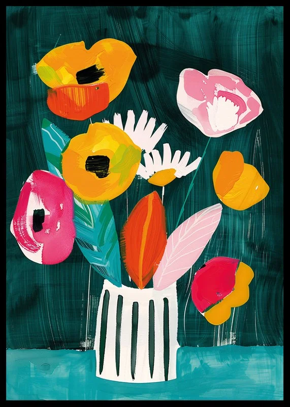  En poster med livliga blommor i en randig vas mot grön bakgrund-12