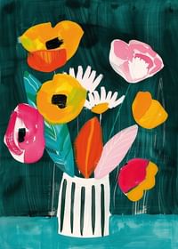  Ein Poster mit leuchtenden Blumen in einer gestreiften Vase vor grünem Hintergrund-3