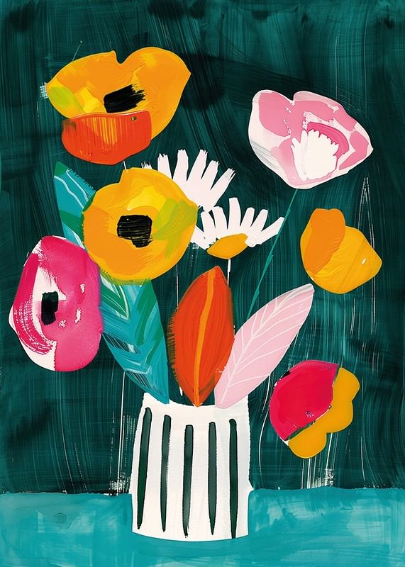  Ein Poster mit leuchtenden Blumen in einer gestreiften Vase vor grünem Hintergrund-12
