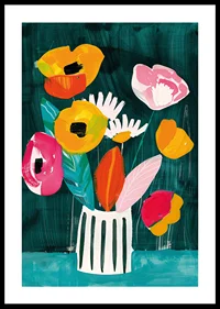  En poster med livliga blommor i en randig vas mot grön bakgrund-0