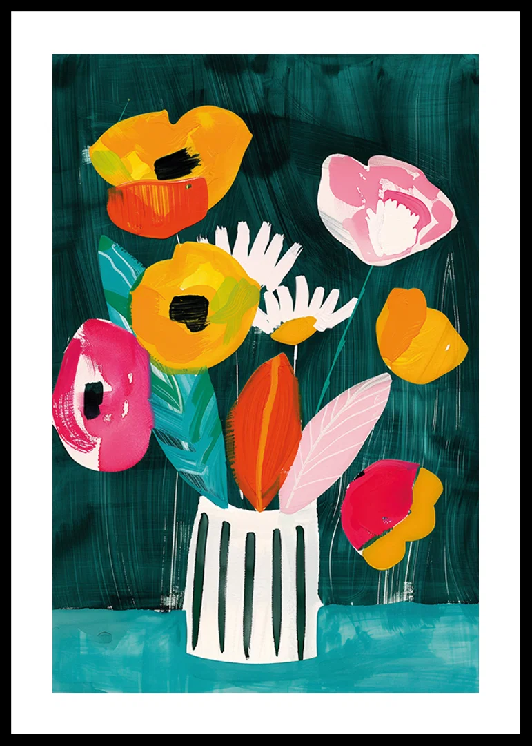  En poster med livliga blommor i en randig vas mot grön bakgrund-12