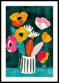  Ein Poster mit leuchtenden Blumen in einer gestreiften Vase vor grünem Hintergrund-0