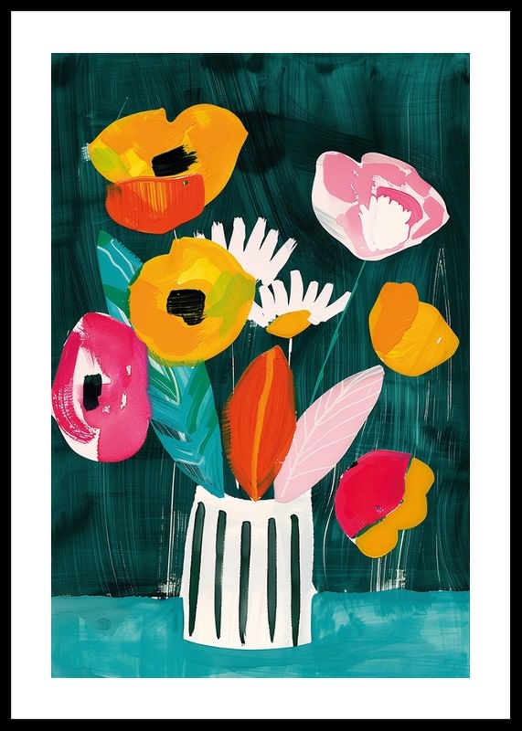  Ein Poster mit leuchtenden Blumen in einer gestreiften Vase vor grünem Hintergrund-12
