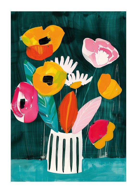  Ein Poster mit leuchtenden Blumen in einer gestreiften Vase vor grünem Hintergrund-12