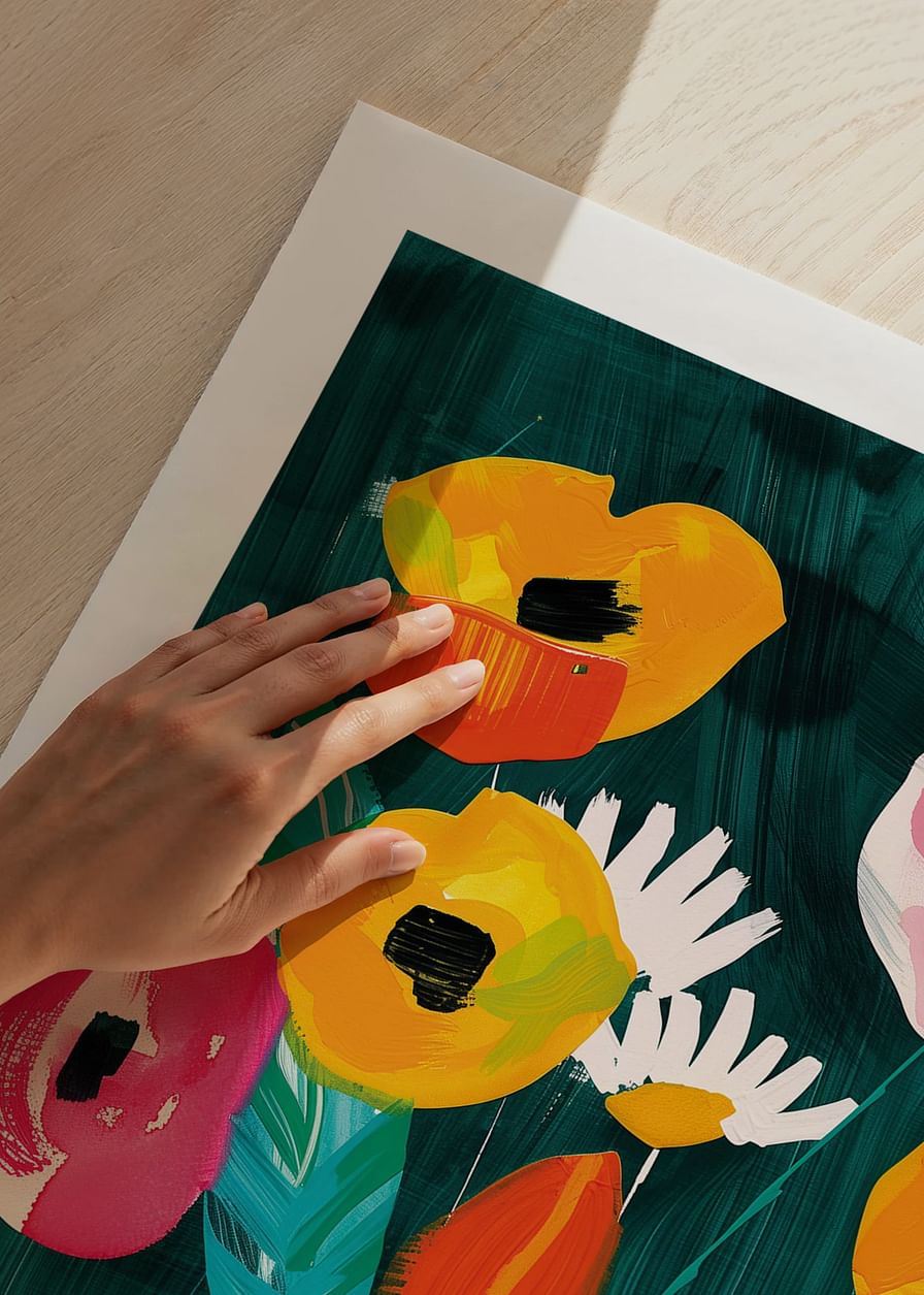  Ein Poster mit leuchtenden Blumen in einer gestreiften Vase vor grünem Hintergrund-12
