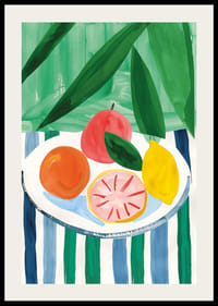 En poster med citrusfrukter på ett randigt bord-2