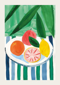 En poster med citrusfrukter på ett randigt bord-3