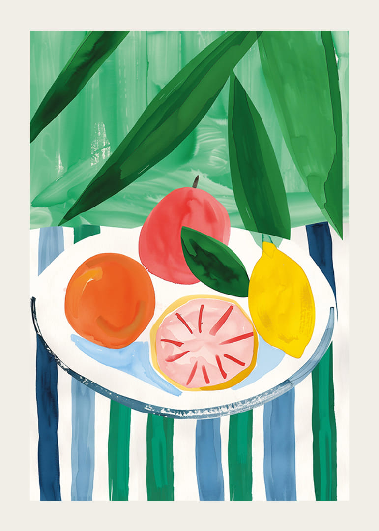 En poster med citrusfrukter på ett randigt bord-12