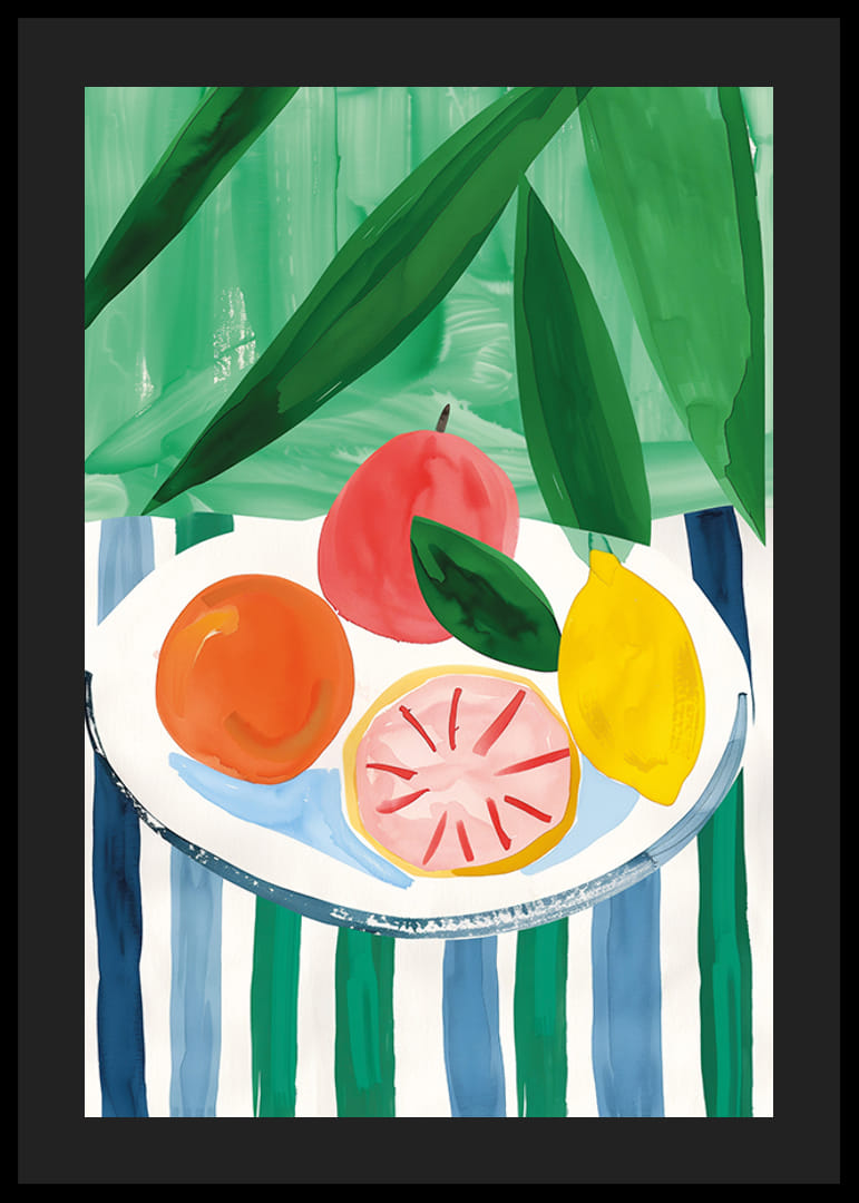 En poster med citrusfrukter på ett randigt bord-12