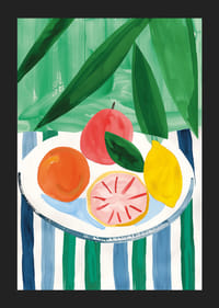 En poster med citrusfrukter på ett randigt bord-5