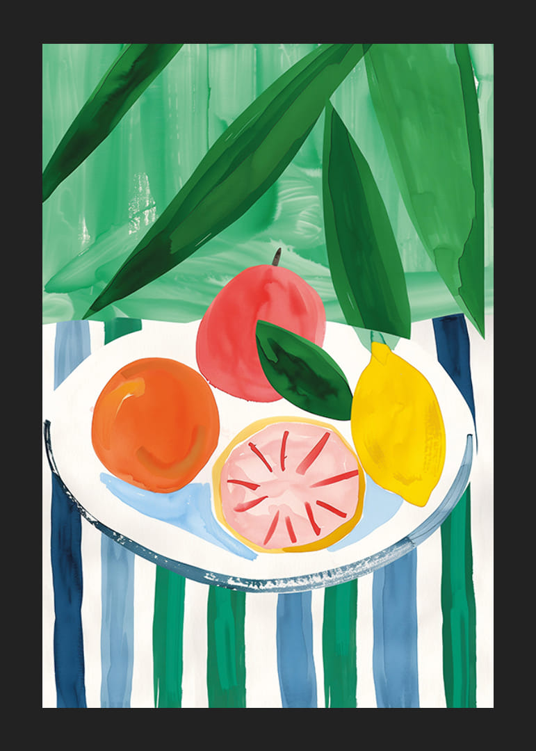 En poster med citrusfrukter på ett randigt bord-12