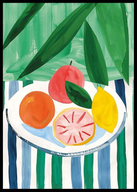 A poster with citrus fruits on a striped table-12