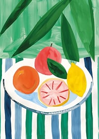 A poster with citrus fruits on a striped table-7