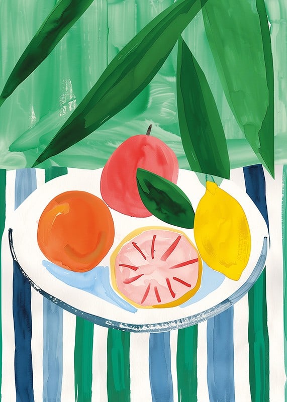 A poster with citrus fruits on a striped table-12