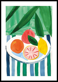 A poster with citrus fruits on a striped table-0