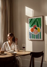 A poster with citrus fruits on a striped table-8