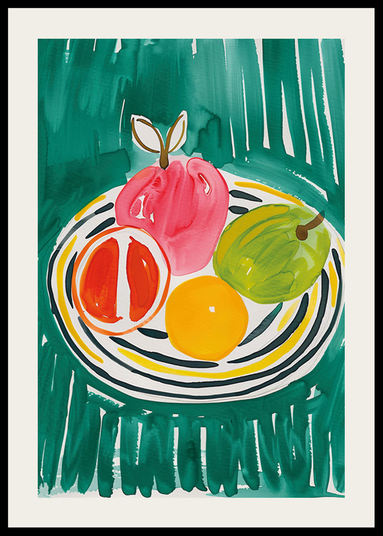 Un cartel con frutas en un plato estampado.-12