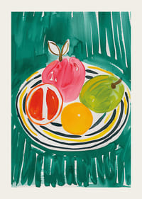 Un cartel con frutas en un plato estampado.-3