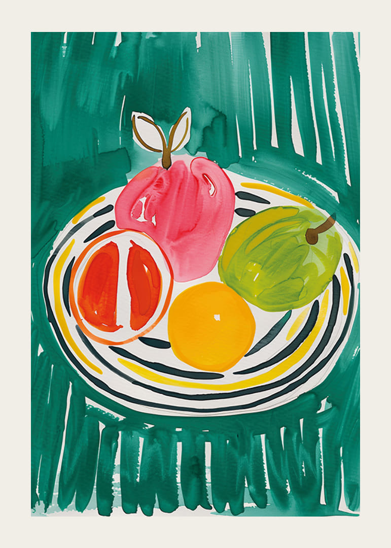 Un cartel con frutas en un plato estampado.-12