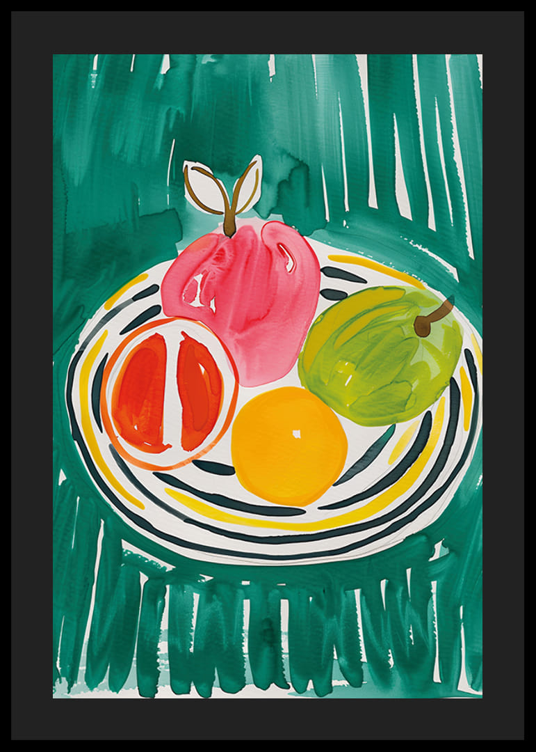 Un cartel con frutas en un plato estampado.-12