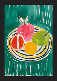 Un cartel con frutas en un plato estampado.-5