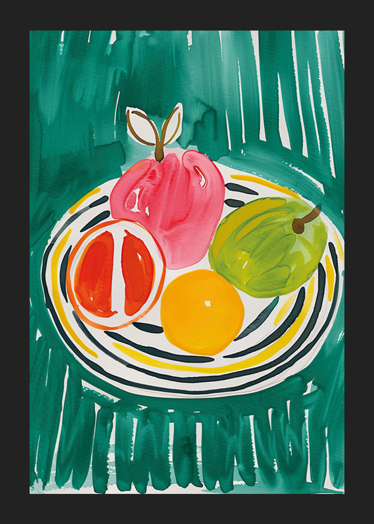 Un cartel con frutas en un plato estampado.-12