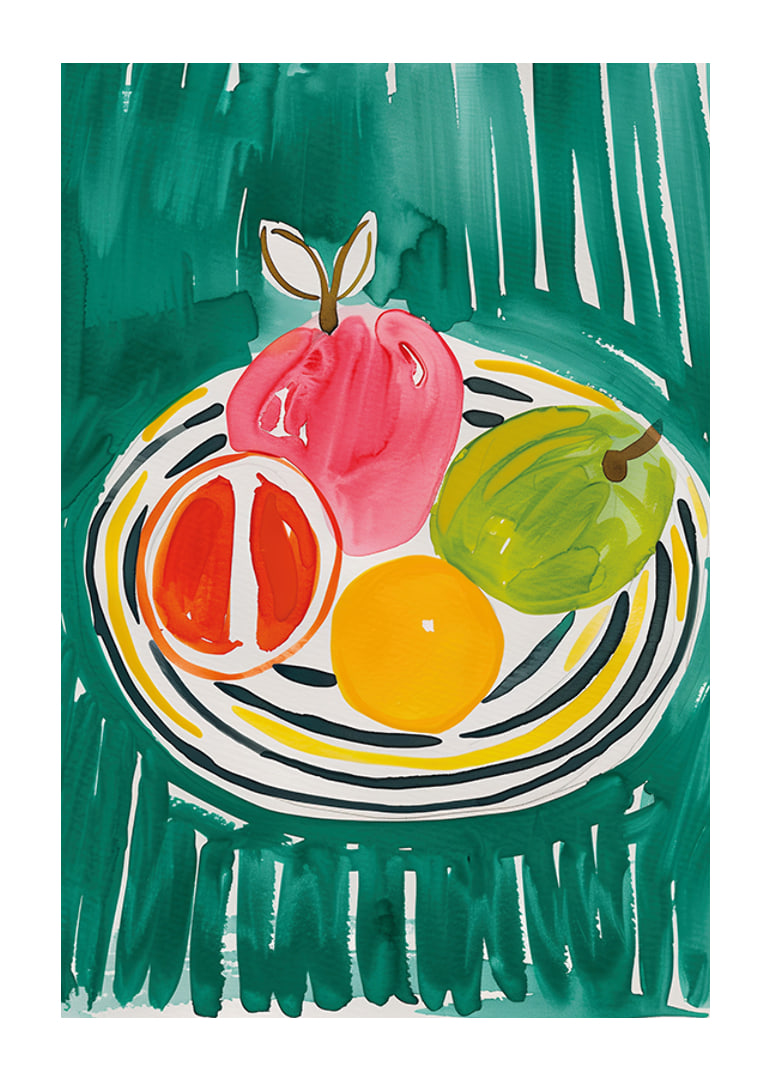 A poster with fruits on a patterned platter-12