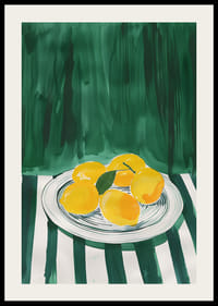 A poster with sunny yellow lemons on a platter against a green background-2