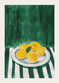 A poster with sunny yellow lemons on a platter against a green background-3