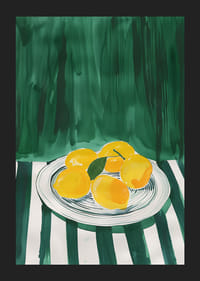 A poster with sunny yellow lemons on a platter against a green background-5