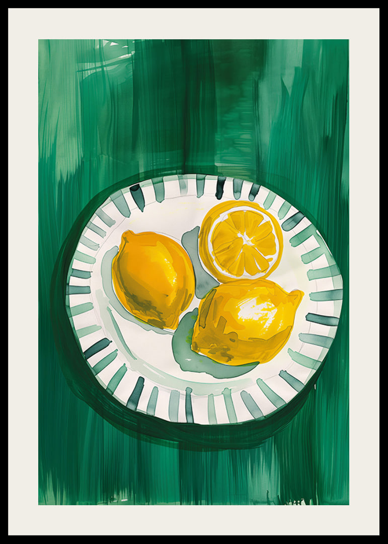  A poster with sunny yellow lemons on a patterned plate-12