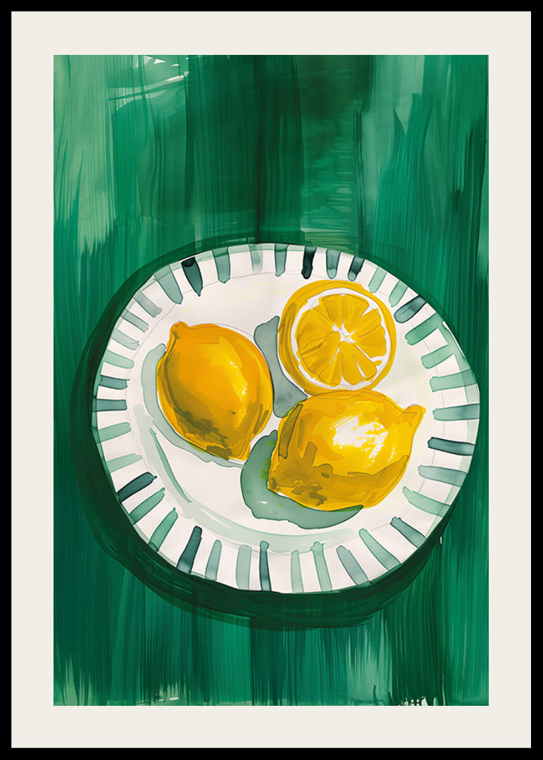  Plakāts ar saulaini dzelteniem citroniem uz rakstaina šķīvja-12
