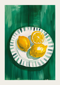  A poster with sunny yellow lemons on a patterned plate-3