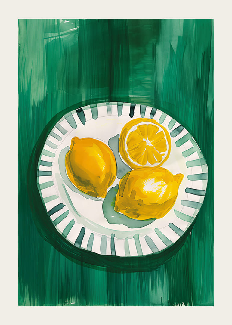  Plakāts ar saulaini dzelteniem citroniem uz rakstaina šķīvja-12
