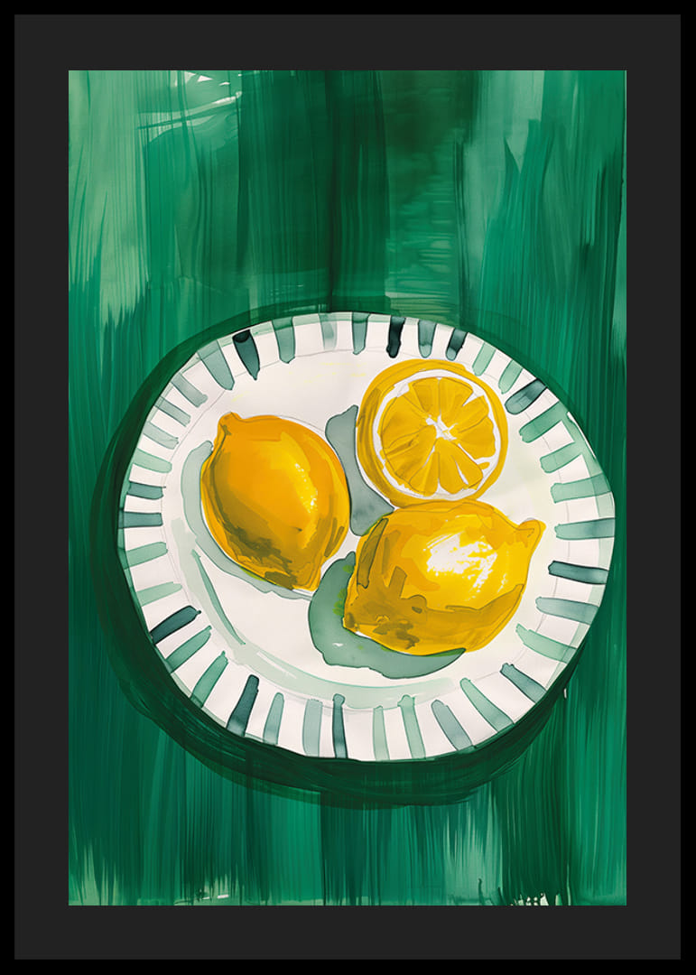  Plakāts ar saulaini dzelteniem citroniem uz rakstaina šķīvja-12