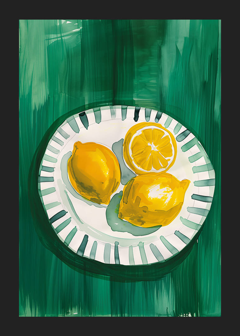  Plakāts ar saulaini dzelteniem citroniem uz rakstaina šķīvja-12