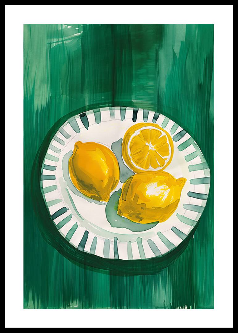  A poster with sunny yellow lemons on a patterned plate-12