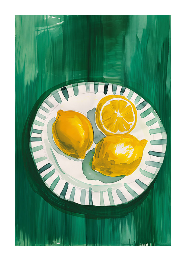  A poster with sunny yellow lemons on a patterned plate-12