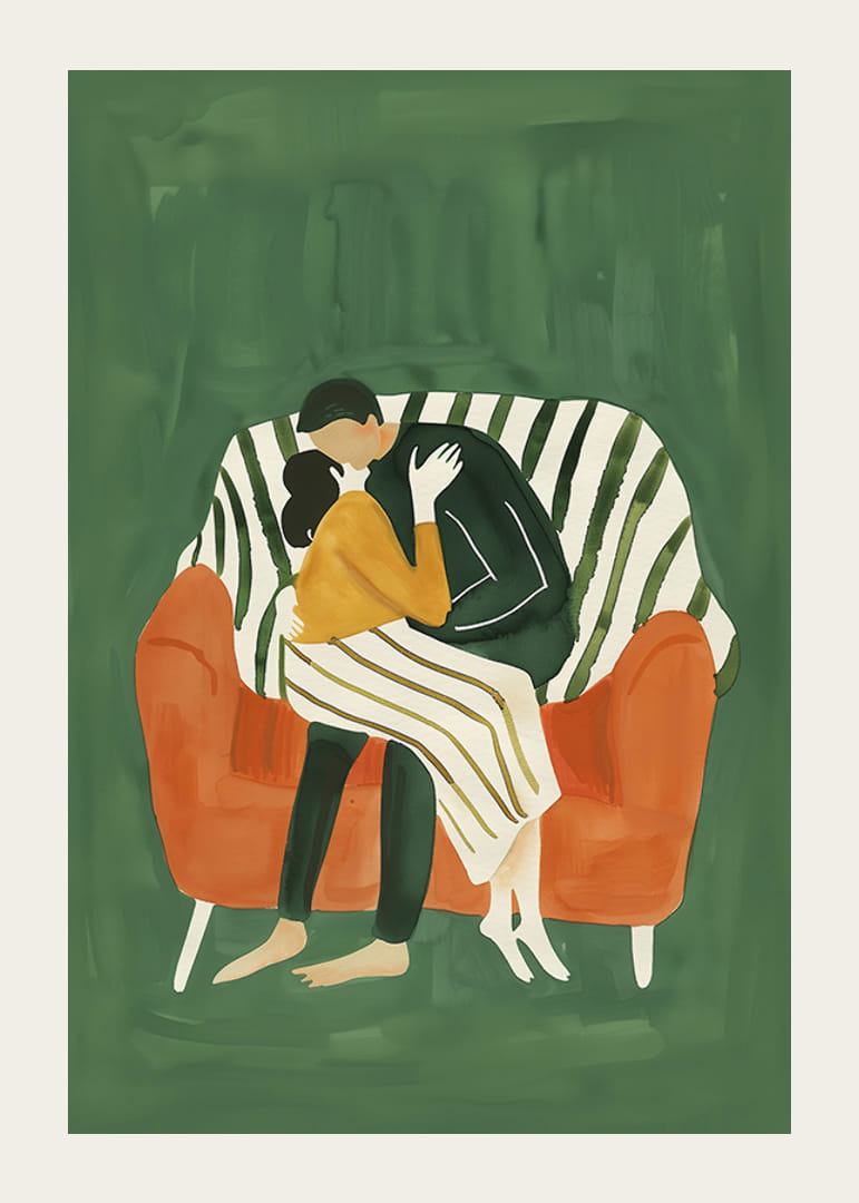 En plakat av et par i en kjærlig omfavnelse på en oransje sofa-12