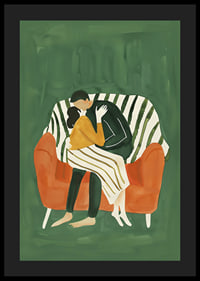 A poster of a couple in a loving embrace on an orange sofa-4
