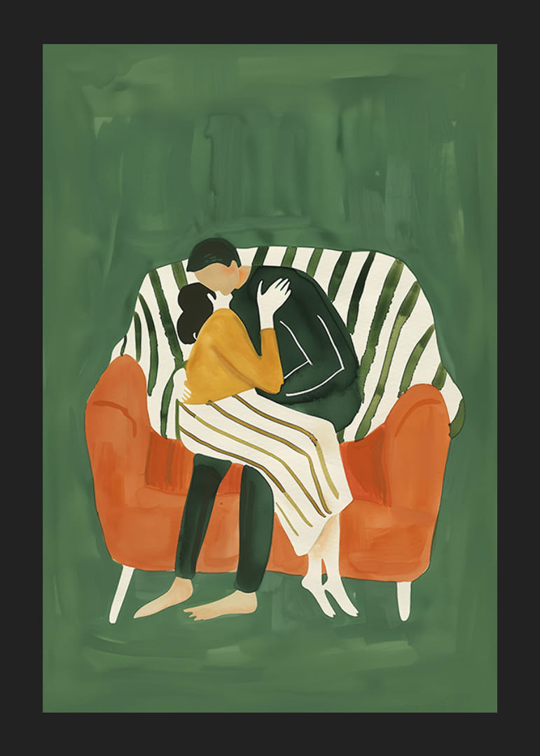 En plakat av et par i en kjærlig omfavnelse på en oransje sofa-12