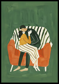 A poster of a couple in a loving embrace on an orange sofa-6