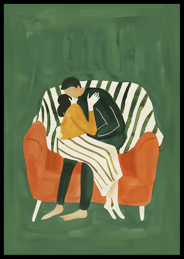 A poster of a couple in a loving embrace on an orange sofa-12