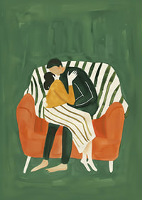 A poster of a couple in a loving embrace on an orange sofa-7