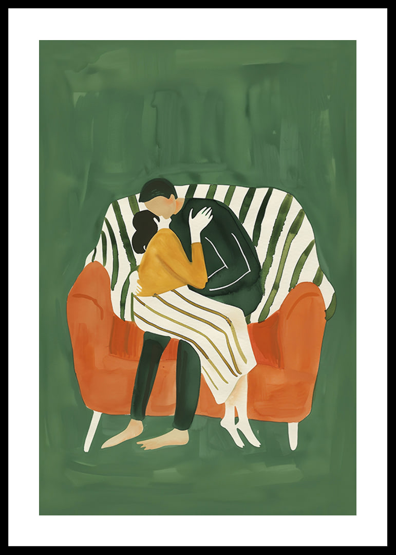 A poster of a couple in a loving embrace on an orange sofa-12