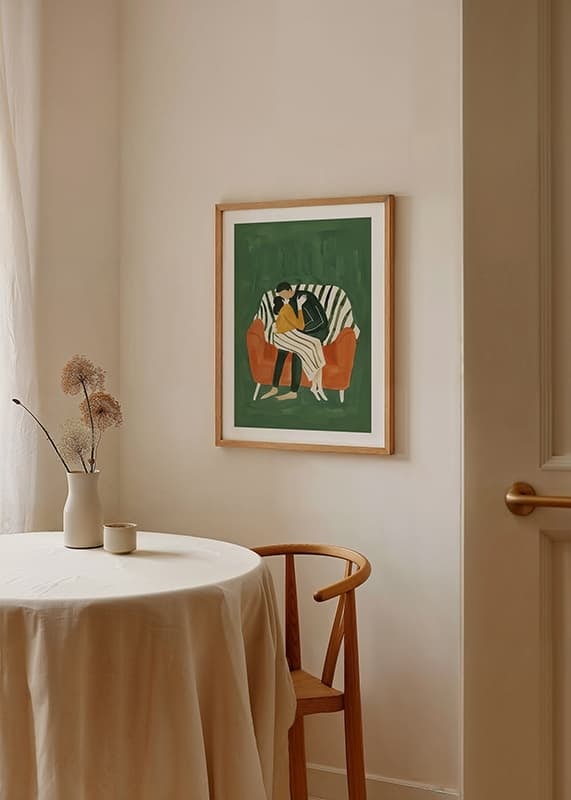 A poster of a couple in a loving embrace on an orange sofa-12