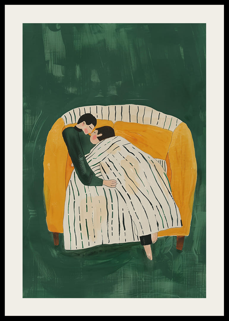 Een poster van een stel dat samen onder een deken op een gele bank rust-12